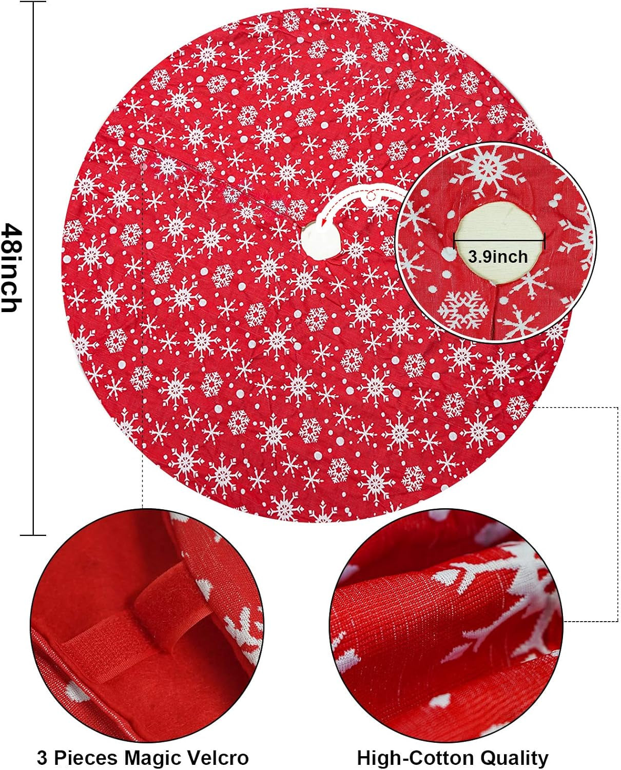 48 Inches Christmas Tree Skirt with 3D Snowflake for Xmas Tree Holiday Party Decorations (Red)