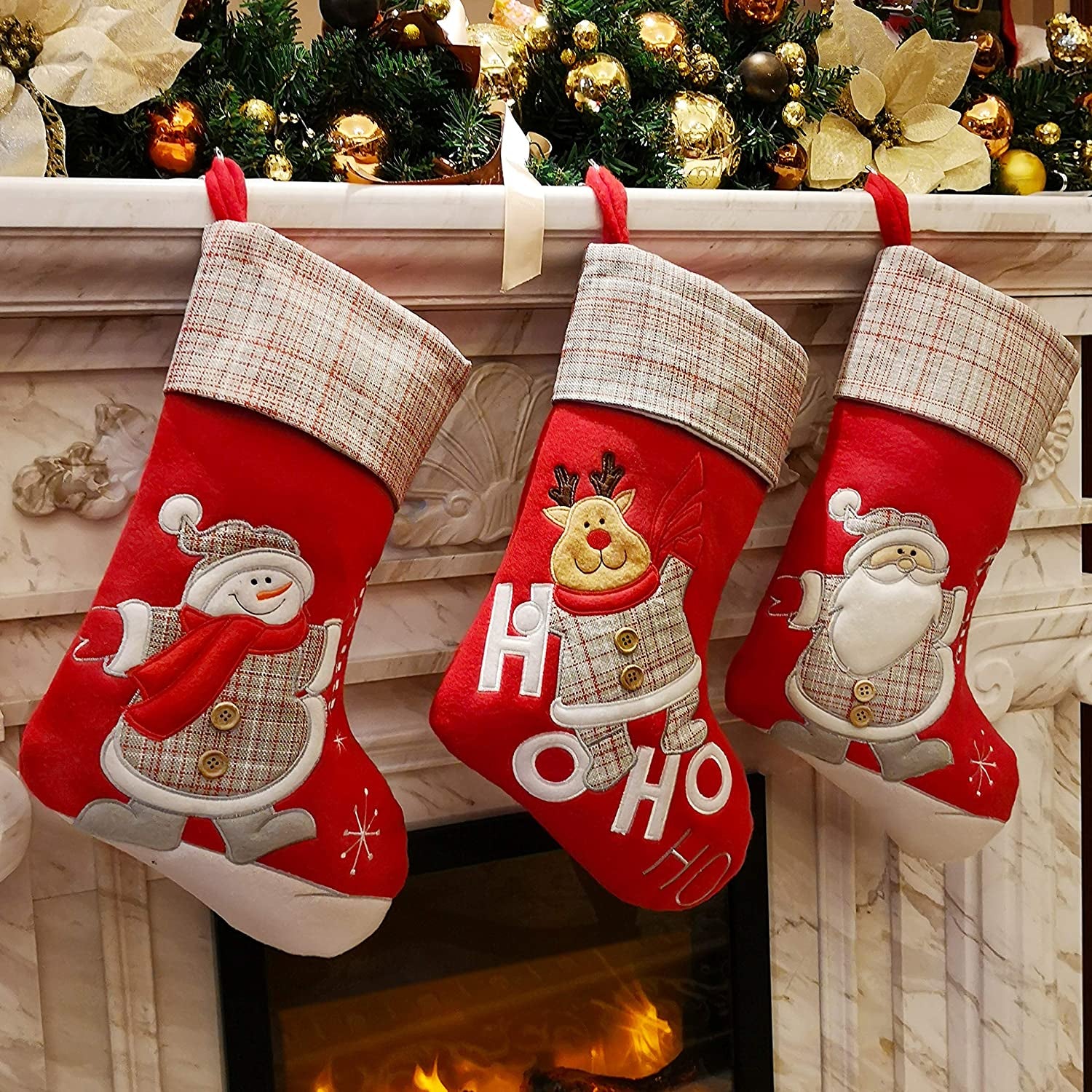 Lovely Christmas Stockings Set of 3 Santa, Snowman, Reindeer, Xmas Character 3D Plush Linen Hanging Tag Knit Border for Family Kids