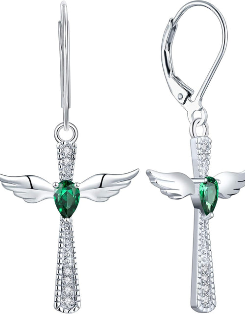 Load image into Gallery viewer, Cross Earrings 925 Sterling Silver Angel Wings Leverback Earrings Teardrop Created Ruby/Sapphire/Emerald/Amethyst/Aquamarine/Pink/Zirconia Criss Dangle Drop Jewelry
