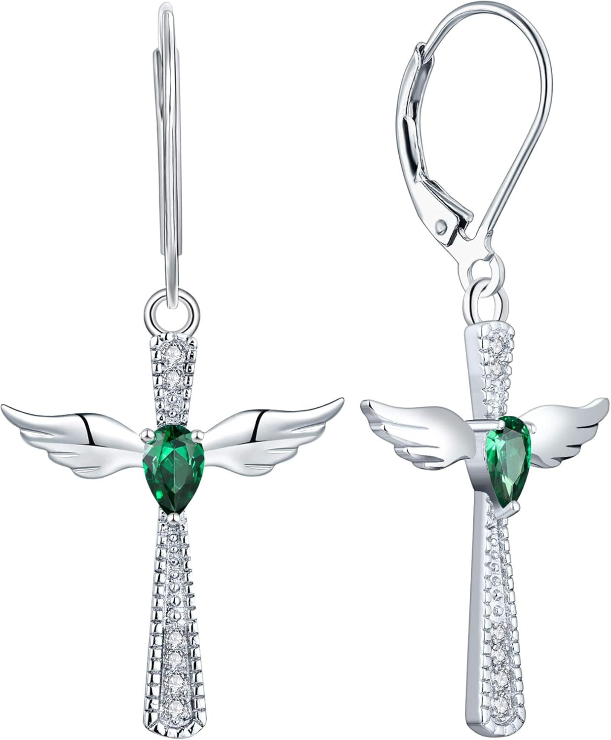 Cross Earrings 925 Sterling Silver Angel Wings Leverback Earrings Teardrop Created Ruby/Sapphire/Emerald/Amethyst/Aquamarine/Pink/Zirconia Criss Dangle Drop Jewelry