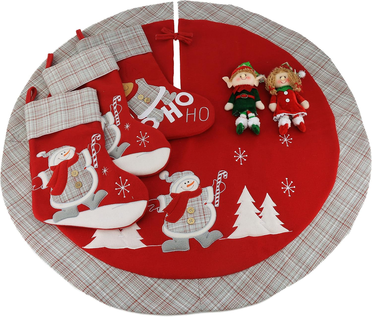 Lovely Christmas Stockings Set of 3 Santa, Snowman, Reindeer, Xmas Character 3D Plush Linen Hanging Tag Knit Border for Family Kids