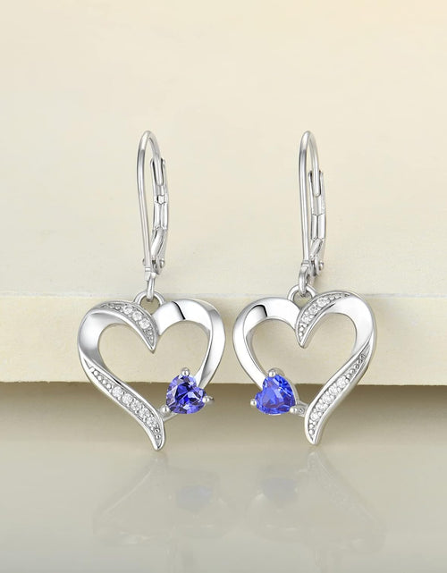 Load image into Gallery viewer, Heart Earrings Sterling Silver Heart Dangle Drop Earrings Sapphire/Emerald/Amethyst/Aquamarine Leverback Jewelry for Women
