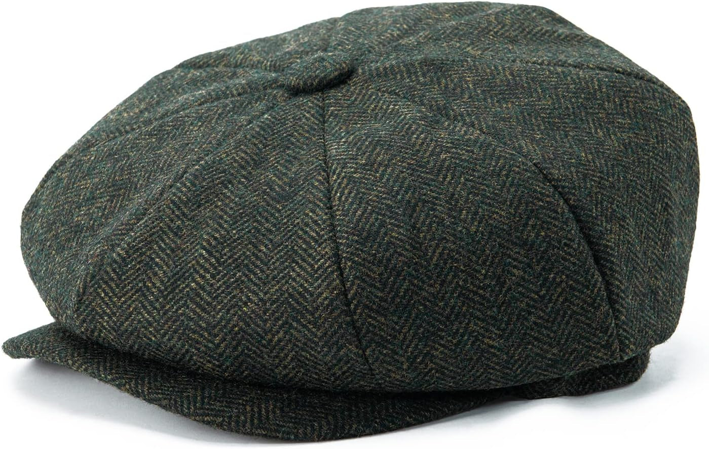 Men'S 8 Panel Wool Blend Newsboy Flat Cap Herringbone Tweed Hat