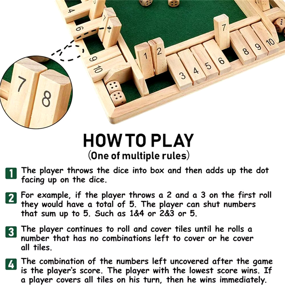 Shut the Box Dice Board Game Wooden Flaps & Dices Game 4 Players Pub Bar Party Supplies Family Entertainment for Kids & Adults