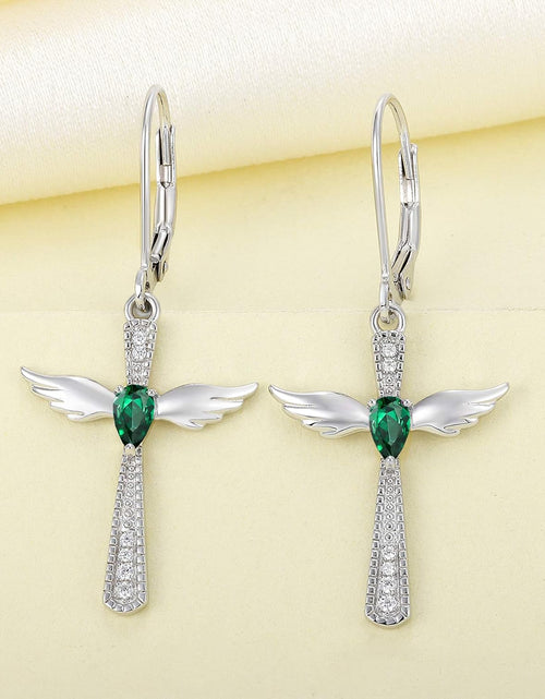 Load image into Gallery viewer, Cross Earrings 925 Sterling Silver Angel Wings Leverback Earrings Teardrop Created Ruby/Sapphire/Emerald/Amethyst/Aquamarine/Pink/Zirconia Criss Dangle Drop Jewelry
