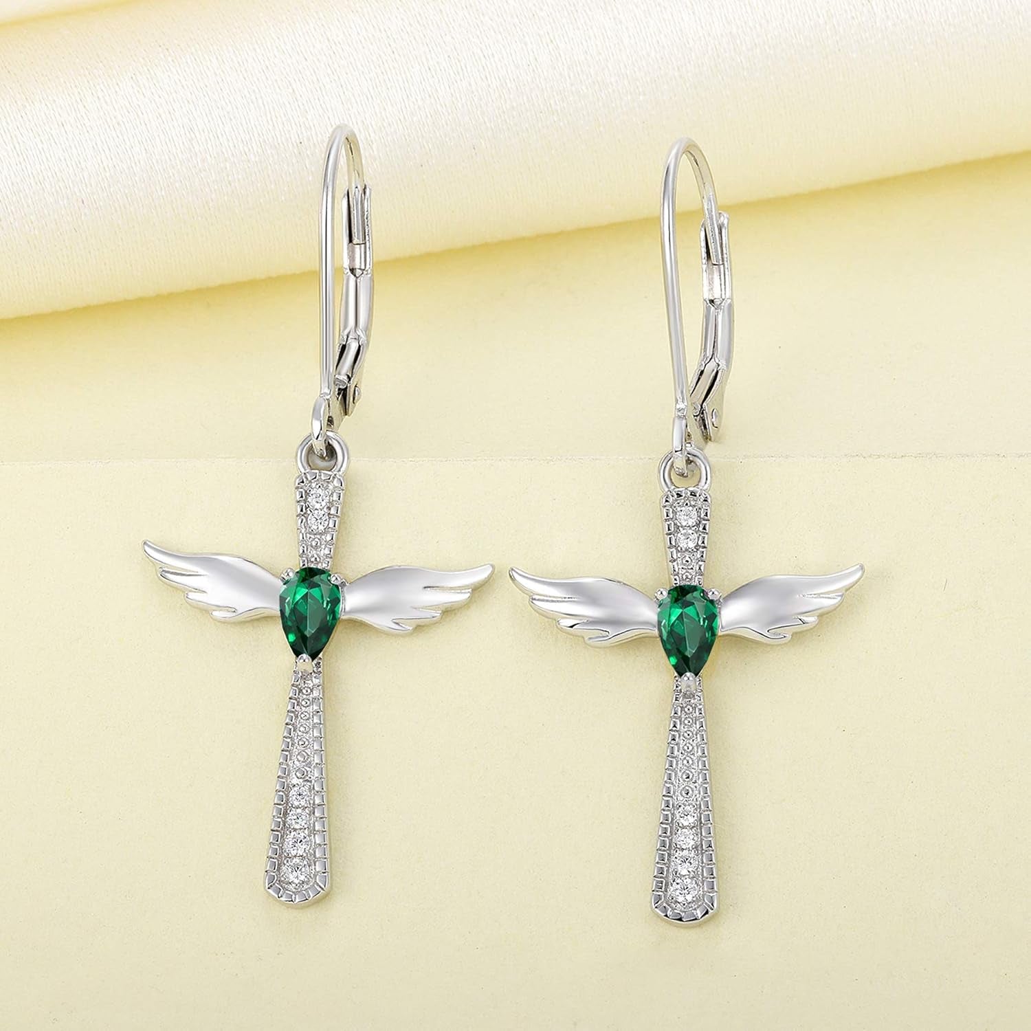 Cross Earrings 925 Sterling Silver Angel Wings Leverback Earrings Teardrop Created Ruby/Sapphire/Emerald/Amethyst/Aquamarine/Pink/Zirconia Criss Dangle Drop Jewelry