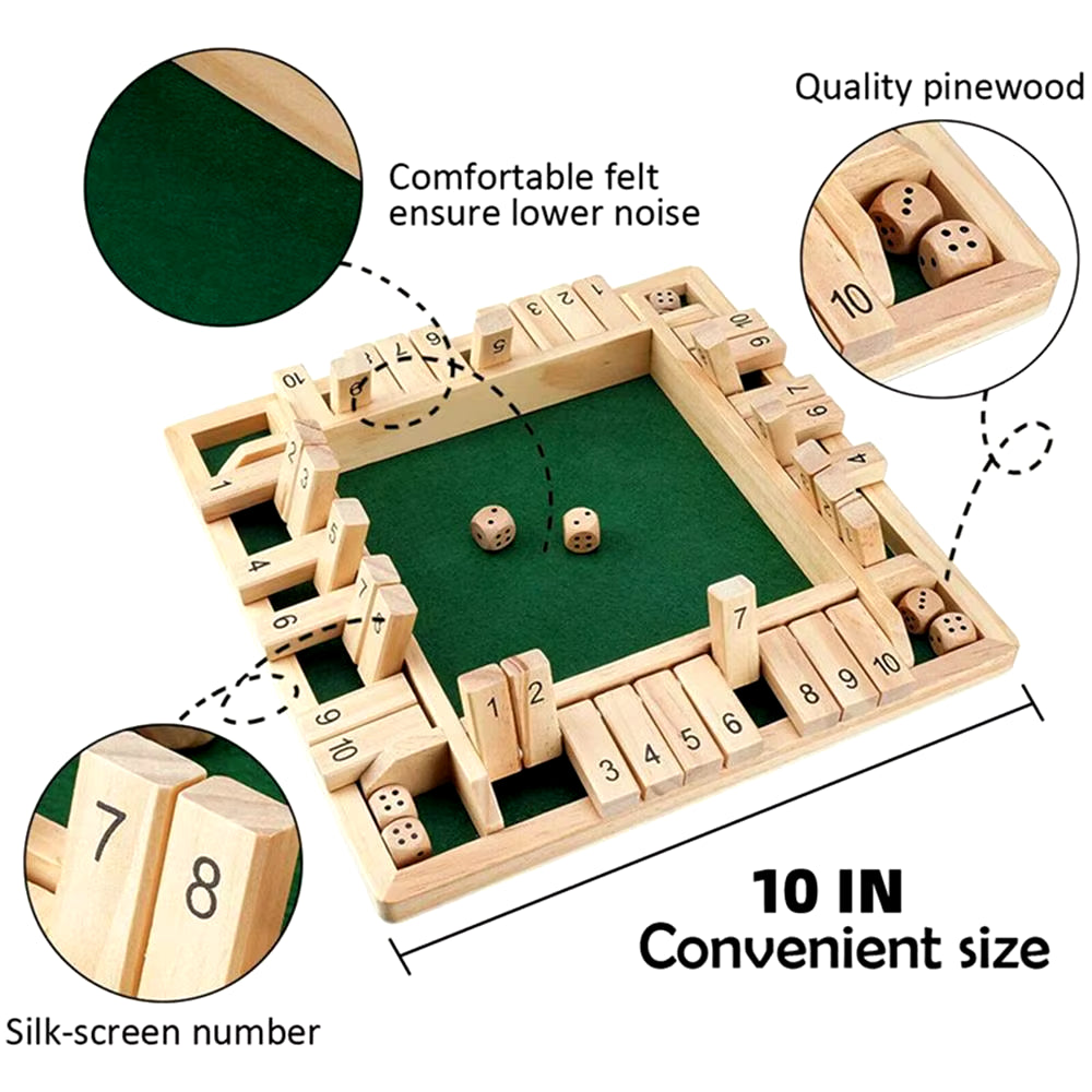 Shut the Box Dice Board Game Wooden Flaps & Dices Game 4 Players Pub Bar Party Supplies Family Entertainment for Kids & Adults