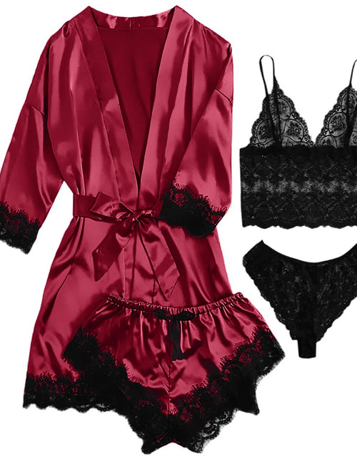 Load image into Gallery viewer, Sexy Lingerie,  Silk Satin Pajamas for Women, Womens Summer Pajamas Pjs Sets of 4 Pcs with Floral Lace Top Shorts and Robe, Gift for Women, Black, L
